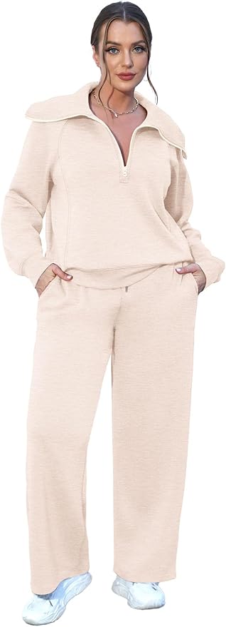 XIEERDUO Lounge Sets For Women 2025 Half Zip Sweatshirt And Wide Leg Sweatpant 2 Piece Outfits Sweatsuit Tracksuit