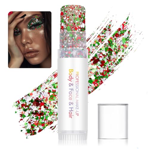 Body Glitter Stick for Face, Body & Hair - Red & Green Chunky Sparkle Glitter, 2 Pack | Long Lasting Party Makeup for Fest...