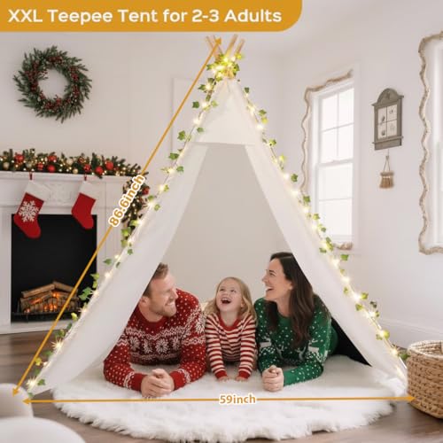 XXL Large Teepee Tent for Adults & Kids, Update Waterproof Cotton Playhouse with LED Vine Lights, Heavy-Duty Eucalyptus Wo...