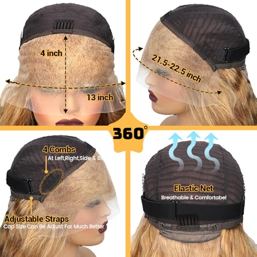 SOSATISFY Honey Blonde Lace Front Wig Human Hair 200% Density 13x4 Body Wave Wig Blonde Hd Lace Front Wig Human Hair Pre Plucked With Baby Hairline 27# Colored Wigs for Women 22 Inch