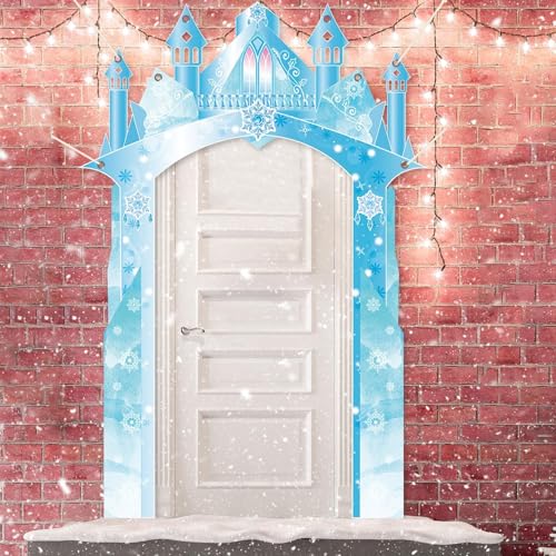 Polyester Fabric 104×70inch Winter Snow Castle Party Door Banner Wonderland Door Decoration Ice Snow Themed Backdrop for G...