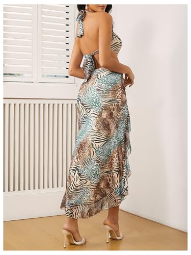 WDIRARA Women's Halter Cut Out Dress Floral Cheetah Print Asymmetrical Hem Sexy High Slit Mesh Ruffle Dresses