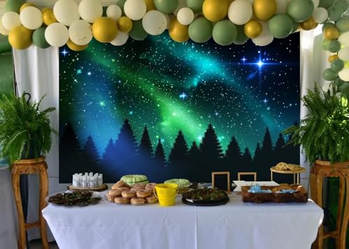 CORFOTO Fabric 7x5ft Northern Lights Photo Backdrop Norwegian Pine Trees Aurora Borealis Backgrounds Starry Stars Norway P...
