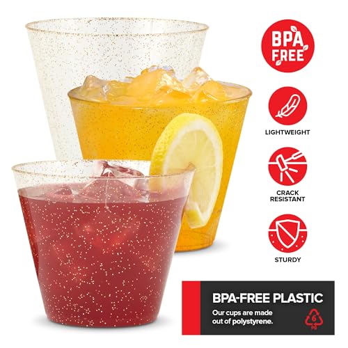 Stock Your Home 9oz Gold Glitter Plastic Cups (100 Pack), Elegant Party Cups for Birthday Parties, Weddings, and Holidays,...