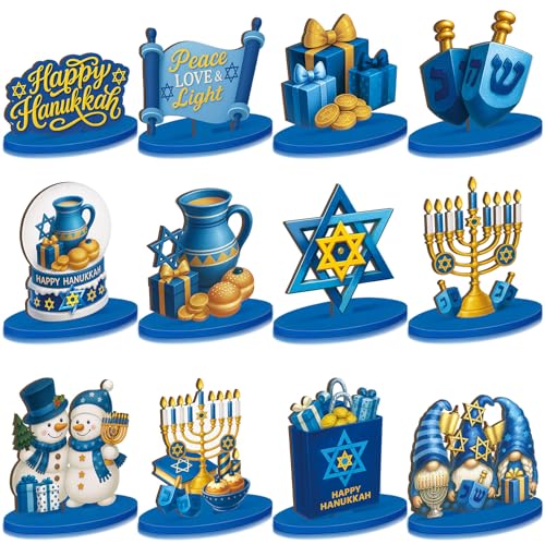 Realspring 12 Pcs Hanukkah Table Centerpieces Decor Chanukah Menorah Wooden Signs Star of David Table Topper Decor Hanukka...