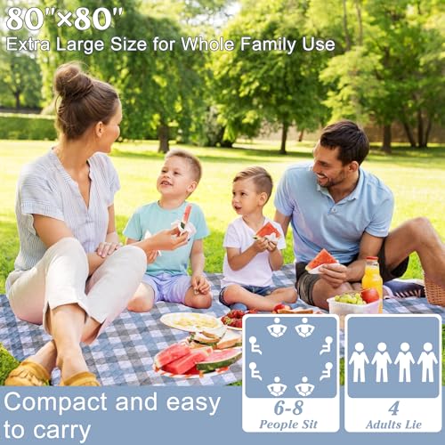 Extra Large Picnic Blanket 80''x 80'' Waterproof Foldable Picnic Mat for Beach, 5-Layer Outdoor Blanket for 6 to 8 Adults,...