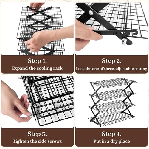 Pleafind 4 Tier Collapsible Cooling Rack - 3 Setting Design, Adjustable ＆ Stackable Baking Rack, 5 Modes Cooling Racks for...