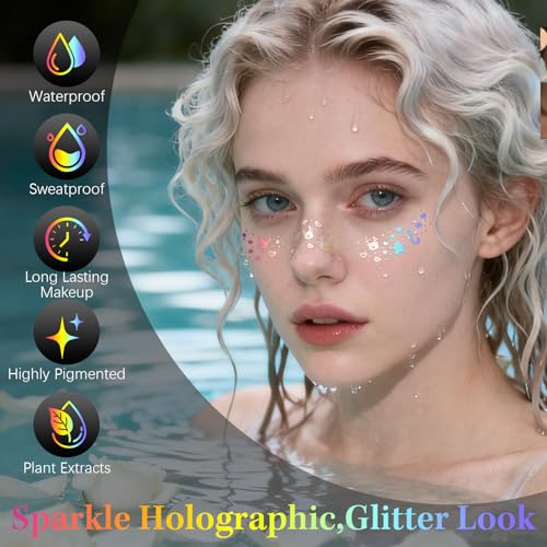 24pcs Glitter Makeup Patches-Holographic-Face Glitter, Sparkle Speckles Patches for Women, Body Temporary Tattoos,Cute Spa...