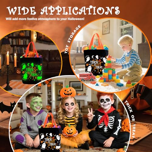 Aleture Trick or Treat Bags, Glow in The Dark Halloween Candy Canvas Tote Bag with Handle, Light Up Ghost Reusable Portable Collapsible Trick or Treat Bucket, Halloween Gifts for Kids Teens Women Men