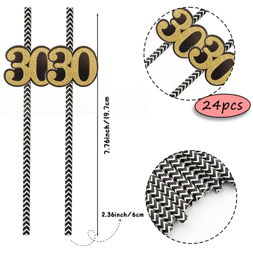 NIEITRK 24PCS Black Gold 30st Birthday Card Straws, Biodegradable Paper Straws with Number 30 for Bar Drinks, Milestone Ce...
