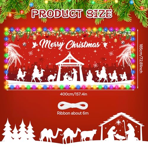 RUMIA Christmas Religious Garage Door Banner Decoration Large Merry Holy Cover with LED Lights Strings Backdrop for New Ye...