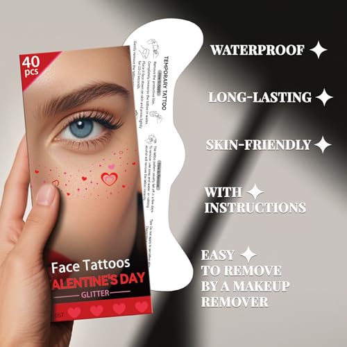 Cerlaza Valentines Day Accessories, 40 Pcs Valentines Temporary Tattoos Heart Glitter Freckles Face Stickers Makeup for Wo...