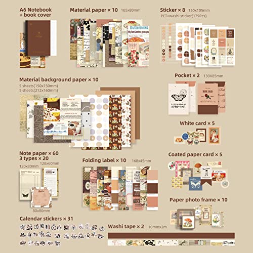 348 Pcs Scrapbooking Supplies Kit, Vintage Aesthetic Scrapbook Kit for Bullet Junk Journal, Stationery, A6 Grid Notebook, ...