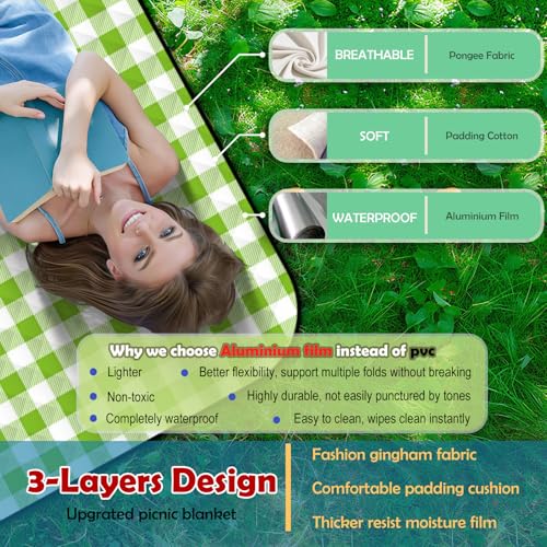 CUNCUI Picnic Camping Blankets, 3 Layers Thick Soft Gingham Blanket, Large 59X79IN Foldable Waterproof Rug, Portable Outdo...