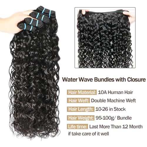 Wet and Wavy Human Hair Bundles Water Wave Bundles with Closure Human Hair-16 18 20+16inch 10A Raw Brazilian Virgin Hair and Free Part Lace Closure Natural Black