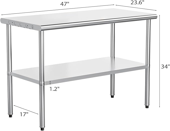 ROVSUN 48'' x 24'' Stainless Steel Table for Prep & Work,Commercial Worktables & Workstations, NSF Heavy Duty Metal Table with Adjustable UnderShelf for Kitchen, Restaurant, Home, Hotel, Outdoor