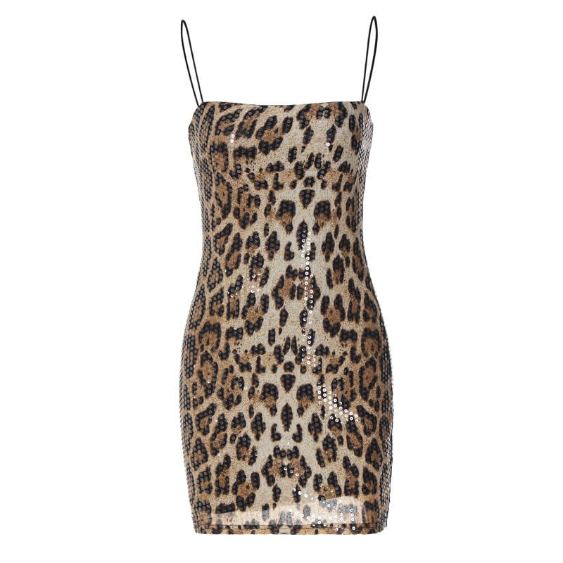 E EMZHOLE Women Sparkly Sequin Spaghetti Bodycon Dress Leopard Mini Dress for Party Cocktail Dress Evening Party Clubwear