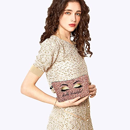 Hello Beautiful Makeup Bag for Purse Eyelash Pink Cosmetic Bags for Women Inspirational Gift Small Funny Cosmetics Glitter...