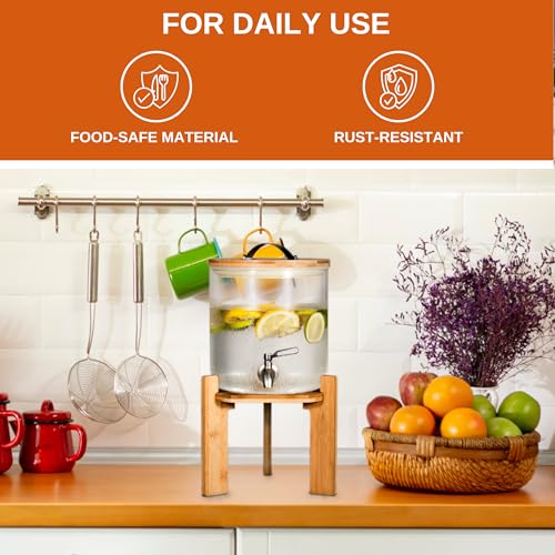 Glass Beverage Dispenser with Bamboo Stand 6.7 In and Lid, Iced 1.5 Gallon Drink Server with Spigot, Large Thick Glass Dri...