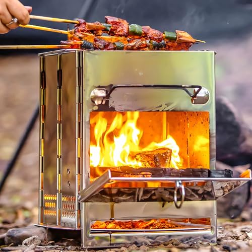 REDCAMP Wood Burning Folding Camp Stove Stainless Steel Grid, Portable Collapsible Backpacking Stove Survival Rocket Stove...