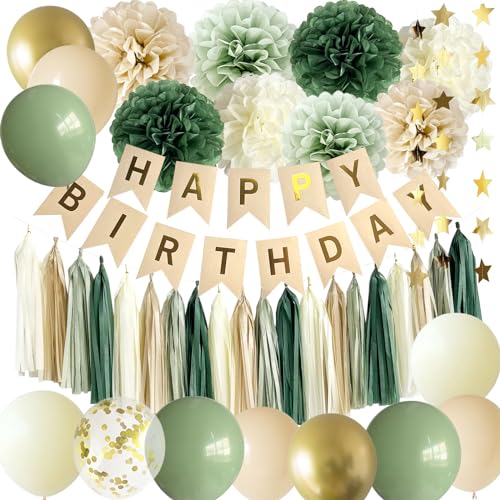ANSOMO Sage Green Happy Birthday Party Decorations Retro Green Nude Ivory Dark Olive Kraft Paper Banner Balloons Neutral R...
