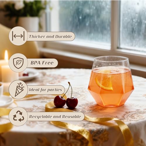 40 Pack 12oz Diamond Plastic Wine Glasses, Disposable Stemless Wine Cups - Shatterproof, Unbreakable & BPA-Free, Recyclabl...