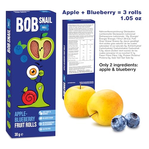 BOB SNAIL Healthy Organic Fruit Snacks for Kids and Adults – 30 Organic Fruit Leather Snacks with Pear & Apple, Blueberry, Mango – Vegan Low-Carb Variety Pack Strips for Kids – Sugar Free Jerky Bars