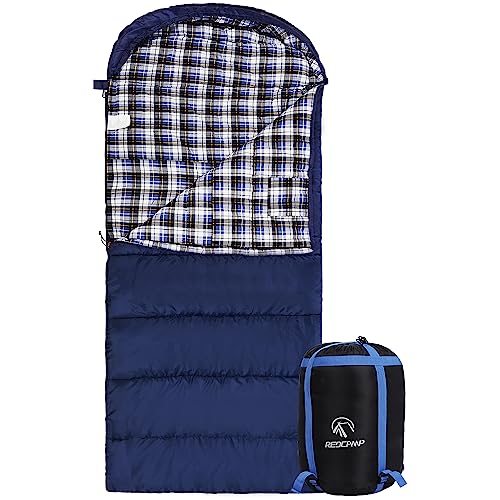 REDCAMP Flannel Sleeping Bag for Adults, Comfortable Cotton Sleeping Bags for Camping with Detachable Hood, Red/Grey/Blue/...