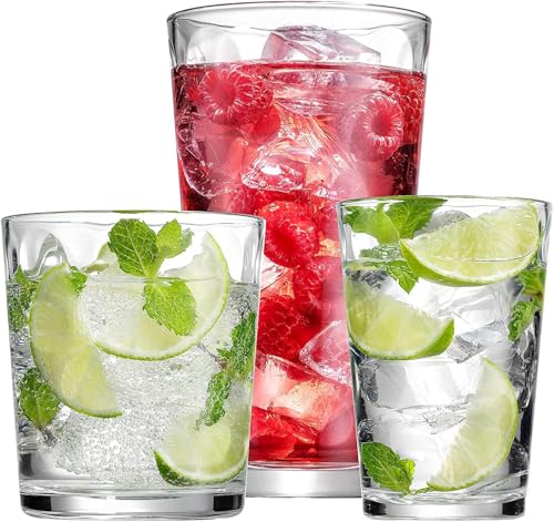 Set of 12 Elegant Everyday Stackable Drinking Glasses - Includes 4-17oz Highball Tumbler Glassware, 4-13oz DOF Rock Glasse...