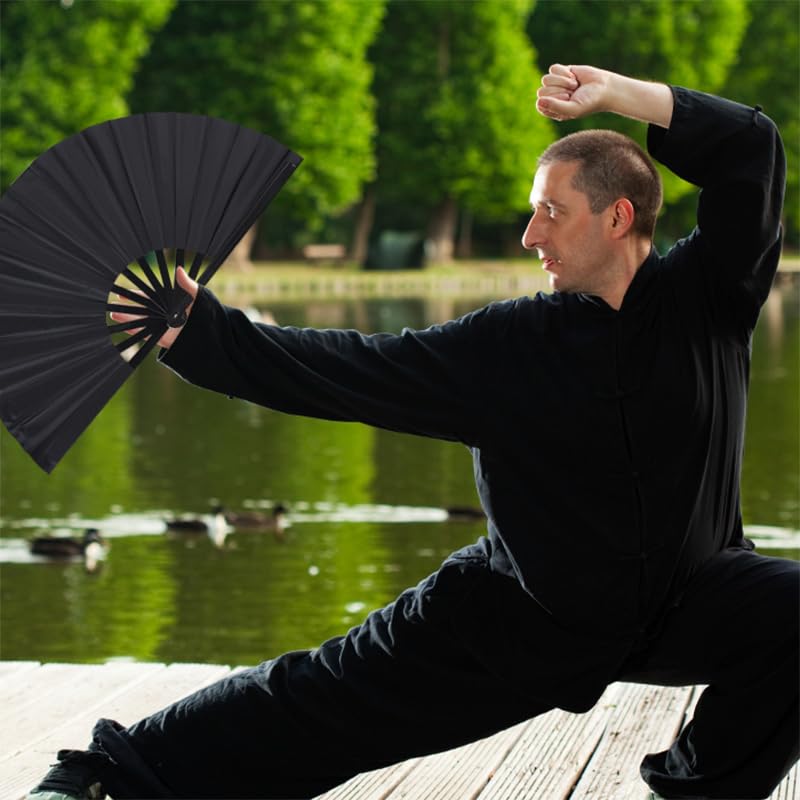 2 Pack Large Folding Hand Fan, Nylon-Cloth Vintage Retro Fabric Fans, Chinese Kung Fu Tai Chi Hand Fan for Men/Women, Fest...
