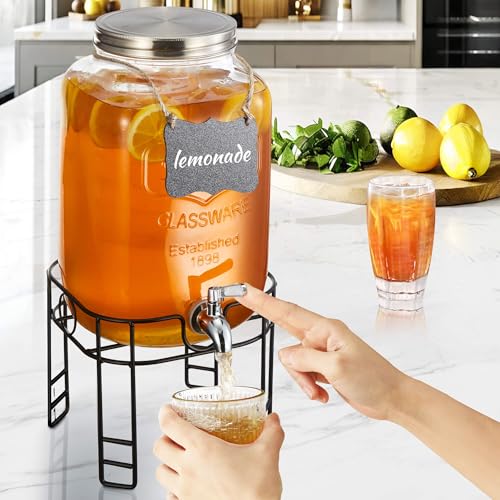 2 Gallon Drink Dispensers for Parties, Beverage Dispensers with Stand, Glass Water Jug Dispenser, with 18/8 Stainless Stee...