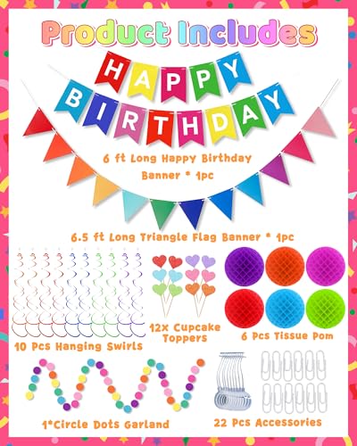 Oomloid Happy Birthday Party Decorations - Colorful Happy Birthday Banner Swirl Streamers Honeycomb Balls Circle Dots Garl...