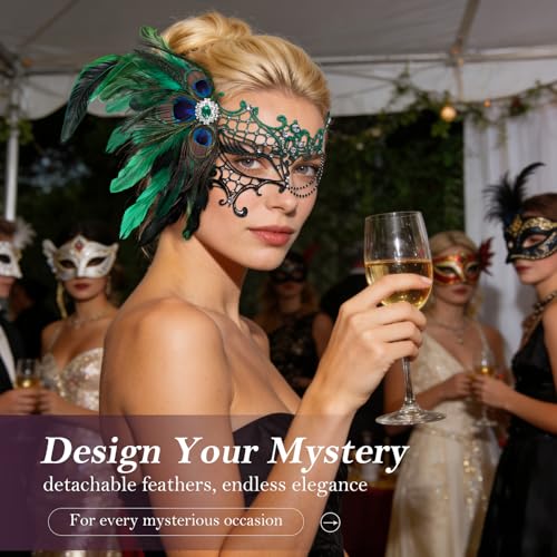 BEARAE Masquerade Mask for Women, Feather Lace Mardi Gras Mask, Peacock Venetian Costume Masks for Womens Masquerade Party