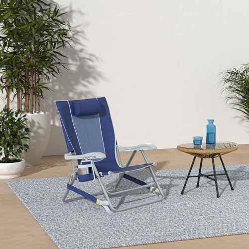 GCI OUTDOOR Backpack Beach Chair | Reclining Folding Chair with Durable Armrests, Drink Holder & Carry Straps, Perfect for Beach Trips & Picnics ? Nautical Blue
