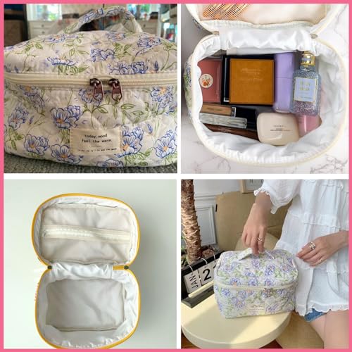 uekeboag Large Travel Quilted Makeup Bag for Women, Floral Cotton Cosmetic Bag, Coquette Aesthetic Floral Toiletry Organiz...