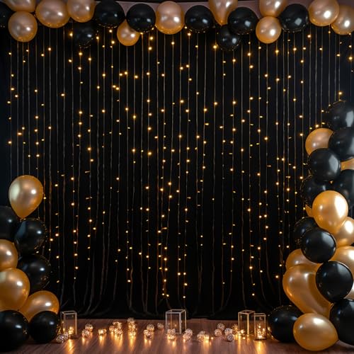 Black Backdrop Curtain with Lights String for Parties,10x10FT Wrinkle Free Black Drapes Wedding Photo Backdrop Curtains fo...