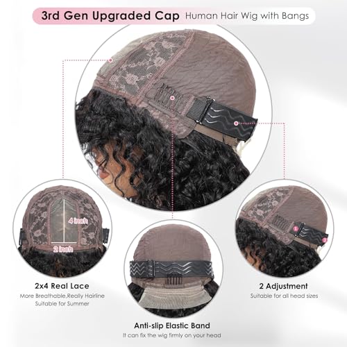 15A Raw Human Hair Wig with Bangs 4x2 Lace Short Water Wave Curly Glueless Wigs Layered Bob Wig Human Hair 180% Density Ready to Wear Wigs Glueless Human Hair for Women (14 Inch 1B Black)