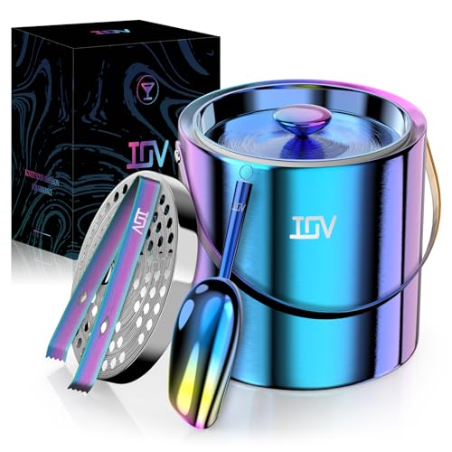 IOV Ice Bucket with Lid, Scoop, Tongs, and Strainer, 3 L Stainless Steel Double Wall Insulated Ice Bucket for Parties, Kee...