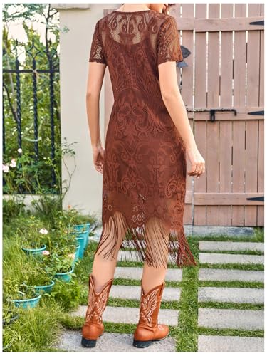 WDIRARA Women's Western Concert 2 Piece Outfits Short Sleeve Sheer Fringe Dress and Cami Dress Set