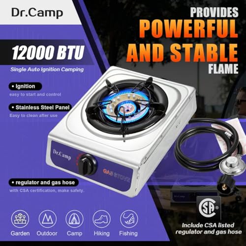 Dr.Camp 12000 BTU Single Auto Ignition Camping Garden Outdoor Camp Garden Hiking Fishing Propane Stove Cooker Griddle, Inc...