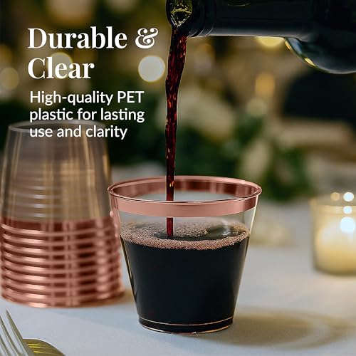 Prestee 200 Rose Gold Plastic Cups, 9oz – Elegant Hard Disposable Tumblers for Wine, Cocktails & Beverages – Clear Plastic...
