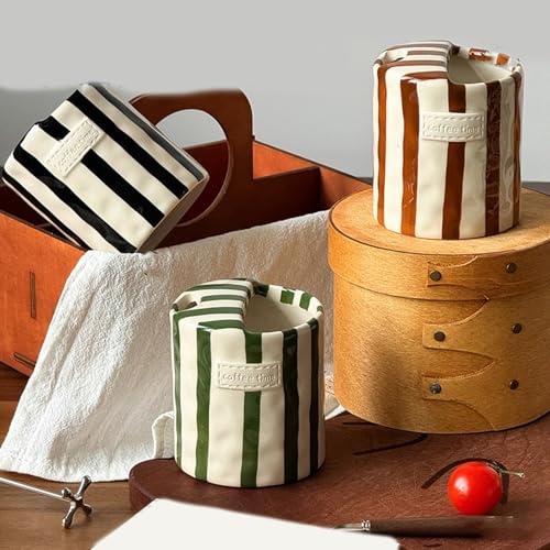 Retro Coffee Mug, Ceramic Striped Coffee Mugs for Coffee Bar Accessories, 350ml Ceramic Coffee Mug with Sip Top Lid, Hand ...