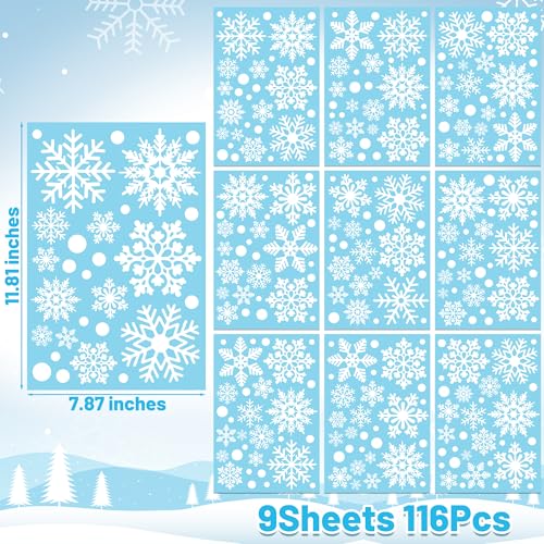 116PCS Christmas Decorations, 9 Sheets Christmas Window Clings, Snowflake Window Clings Decals, Double Sided Xmas Snowflak...