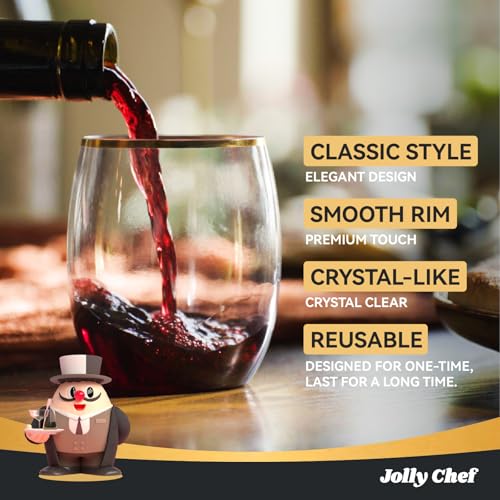 JOLLY CHEF 12 Pack 12oz Gold Plastic Wine Glasses Stemless, Gold Disposable Wine Cups, Premium Quality, Unbreakable, Dispo...