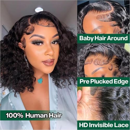 16 Inch Deep Wave Bob Wig Human Hair 13x4 Frontal Lace Wig 200% Density Short Bob Wigs Human Hair for Black Women Glueless Curly Bob Wig With Baby Hair Natural Black
