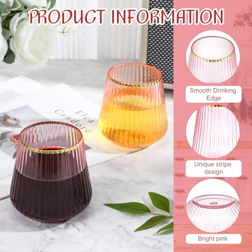 Singhoow 24 Pcs Valentine Pink Plastic Wine Glasses Ribbed Disposable Wine Glasses Unbreakable Stemless Champagne Whiskey ...