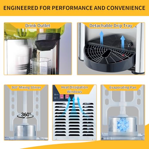 FSKEKU Dual-Tank Commercial Beverage Dispenser, 36L (9.5 Gal) Total, Black Refrigerated Juice Drink Machine, Stainless Ste...