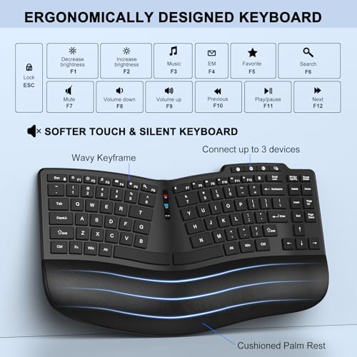 Ergonomic Wireless Keyboard Mouse, Wave Key Bluetooth/2.4G Split Design Ergo Keyboard Mouse Combo with Cushioned Palm Res...