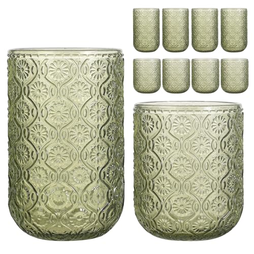 WeirdUncle Set of 8 Vintage Embossed Glassware,4 Highball Glasses 14oz & 4 Rocks Drinking Glasses 9oz, Art Deco, for Wine,...