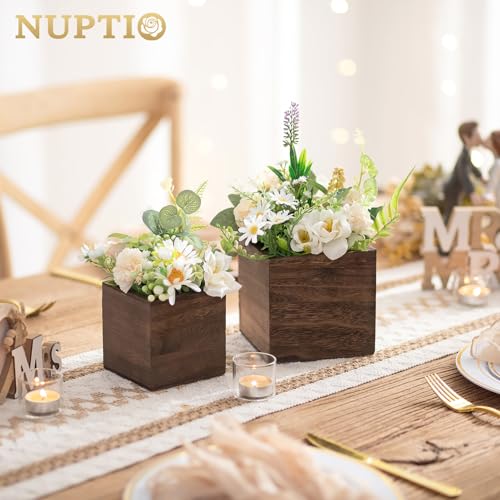NUPTIO Wooden Box for Centerpiece Wedding: 6 Pcs Rustic Square Planter Box for Christmas Table Fall Decorations - 4×4" & ...